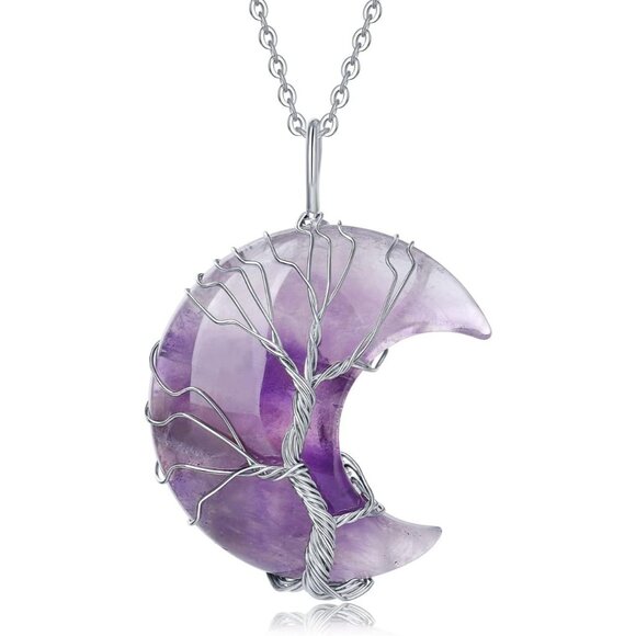 Women's Purple Moon Crescent Tree Wire Wrapped Natural Crystal Gemstone Necklace - Picture 1 of 7